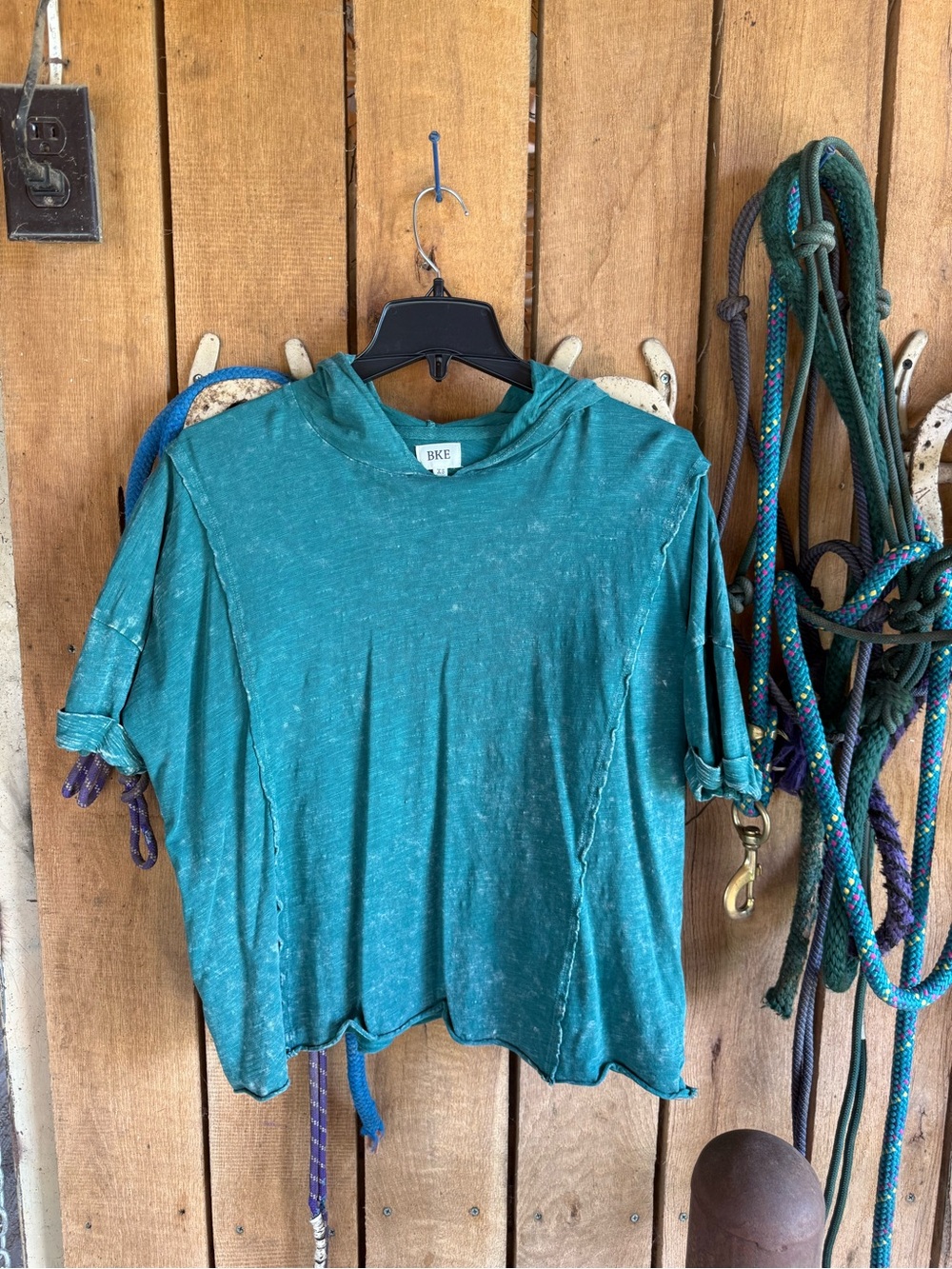 BKE Teal Washed Hooded Short-Sleeve Top